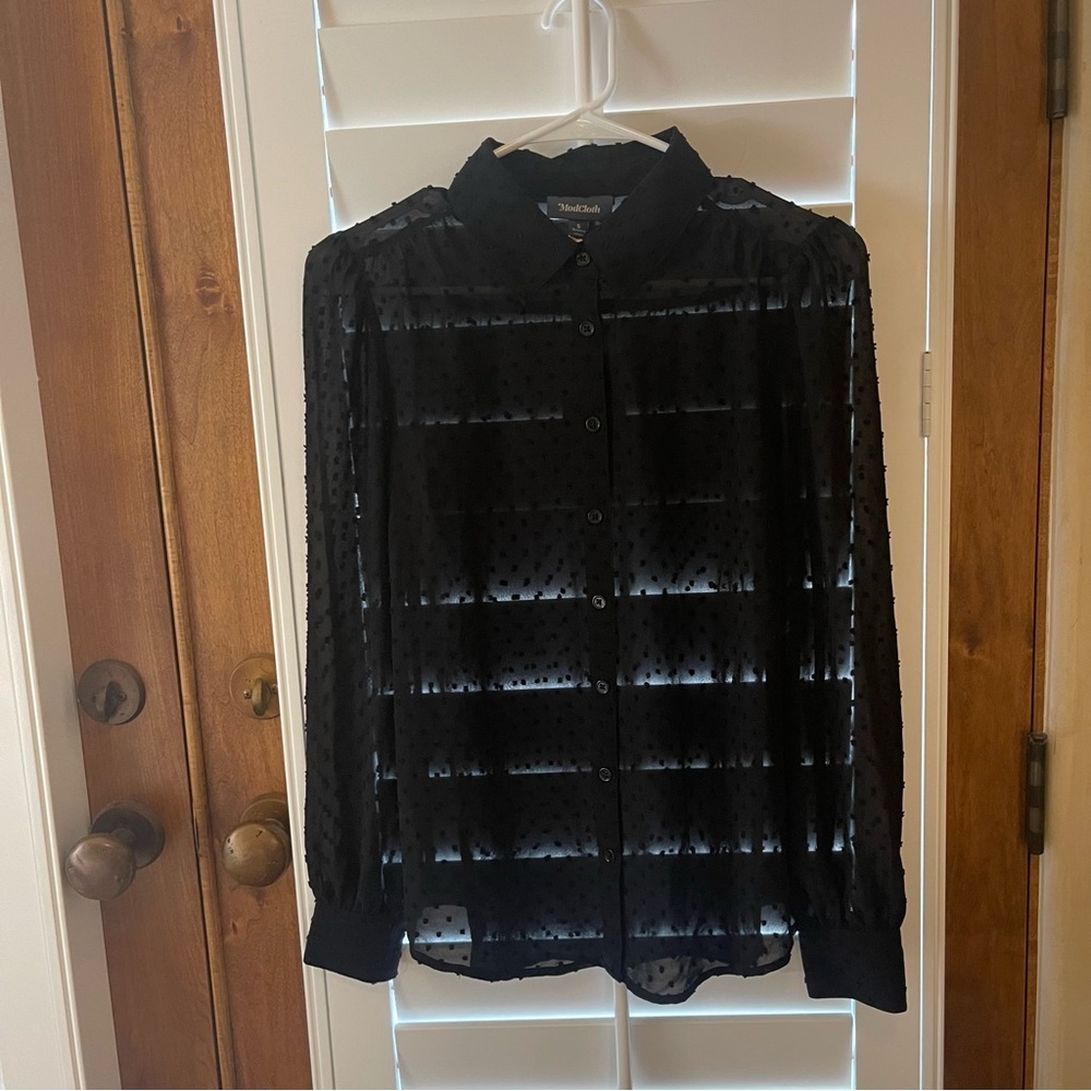 Modcloth Black Long-Sleeve Sheer Polka Dot Blouse, Small - Picture 4 of 12
